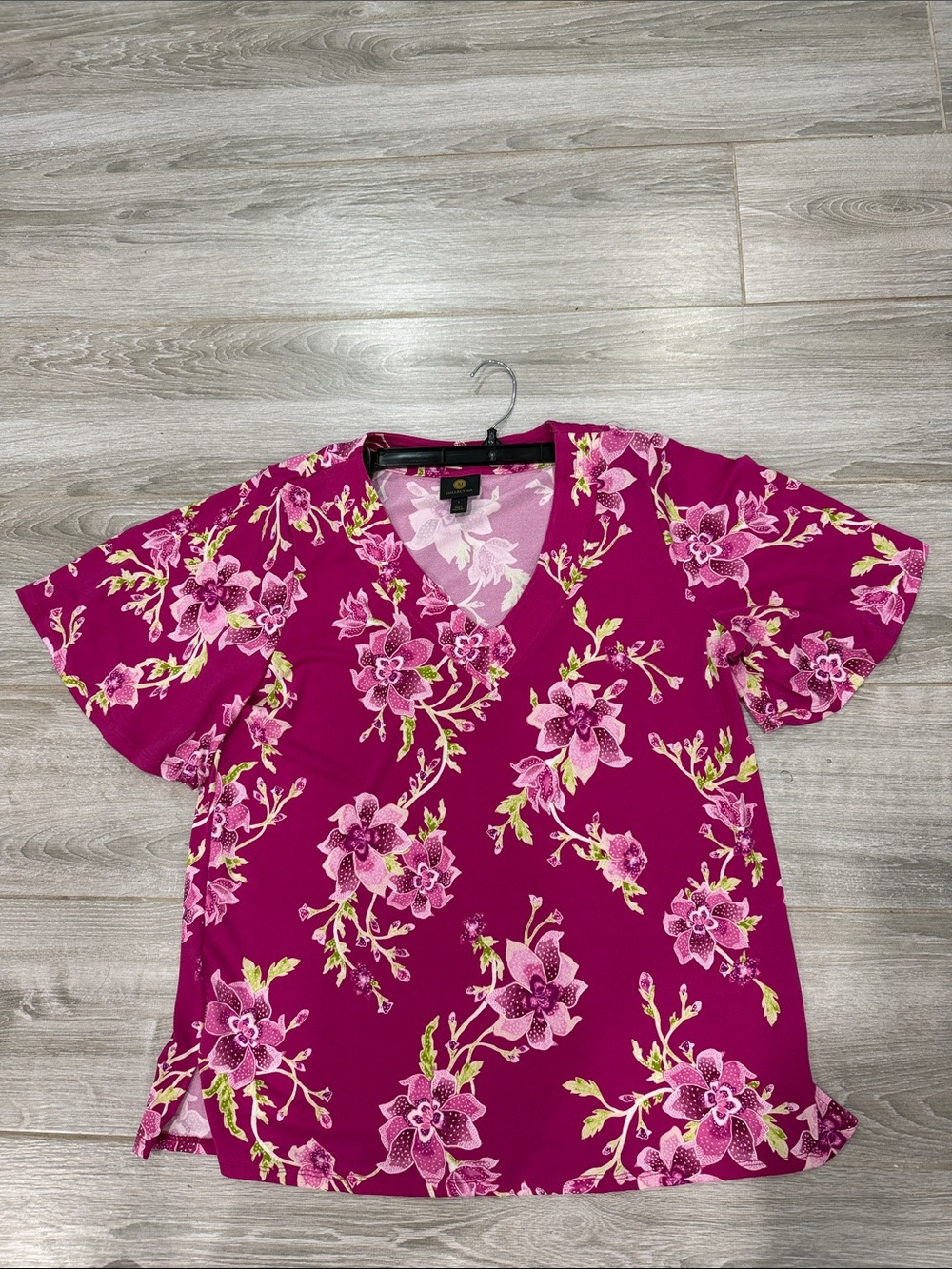 M Collection V-Neck Floral Top in Fuchsia Pink - Women L